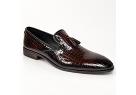Mocasini barbati eleganti maro inchis din piele naturala matritata lacuita cu ciucuri GKR220MCR